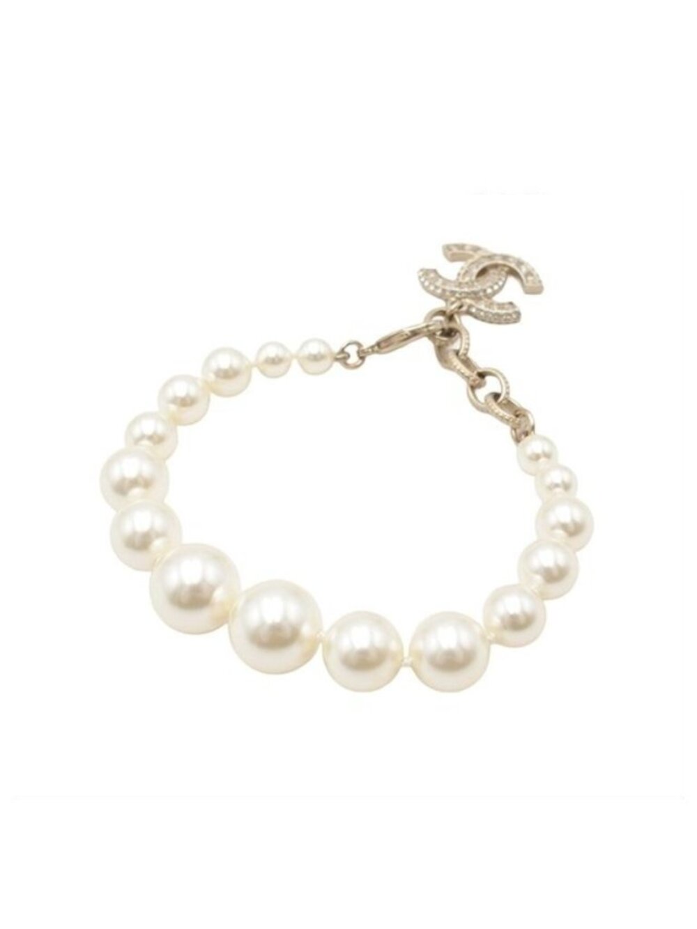 Chanel Bracelet Light Gold Faux Pearl Metal CC Logo Rhinestone Costume